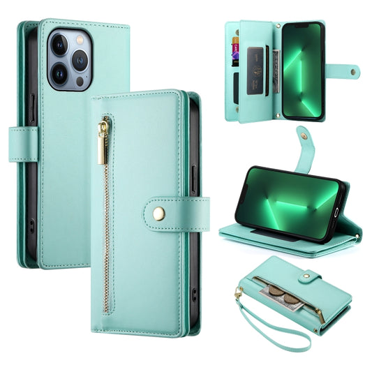 For iPhone 13 Pro Nine Card-slot Zipper Wallet Bag Leather Phone Case(Mint Green) - iPhone 13 Pro Cases by buy2fix | Online Shopping UK | buy2fix