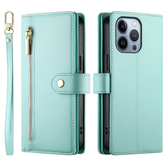 For iPhone 13 Pro Nine Card-slot Zipper Wallet Bag Leather Phone Case(Mint Green) - iPhone 13 Pro Cases by buy2fix | Online Shopping UK | buy2fix