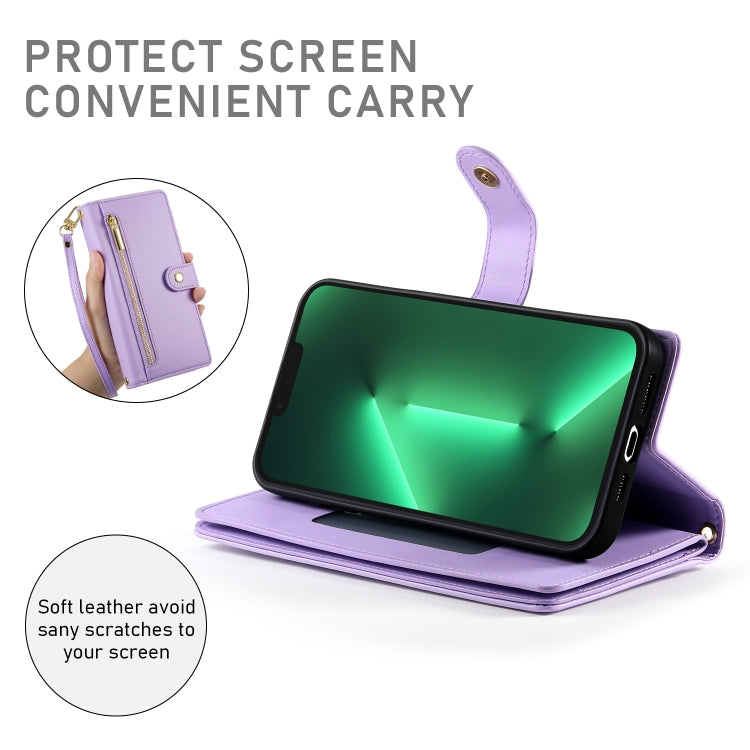 For iPhone 13 Pro Nine Card-slot Zipper Wallet Bag Leather Phone Case(Purple) - iPhone 13 Pro Cases by buy2fix | Online Shopping UK | buy2fix