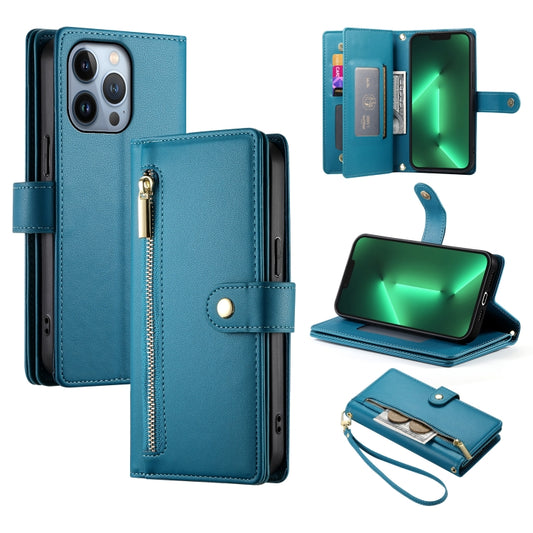 For iPhone 13 Pro Nine Card-slot Zipper Wallet Bag Leather Phone Case(Blue) - iPhone 13 Pro Cases by buy2fix | Online Shopping UK | buy2fix