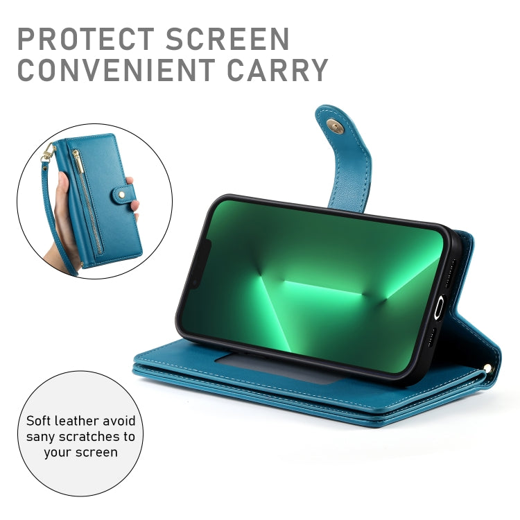 For iPhone 13 Pro Nine Card-slot Zipper Wallet Bag Leather Phone Case(Blue) - iPhone 13 Pro Cases by buy2fix | Online Shopping UK | buy2fix