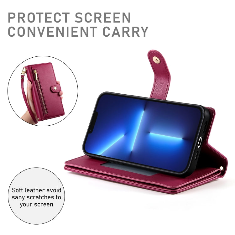 For iPhone 13 Pro Max Nine Card-slot Zipper Wallet Bag Leather Phone Case(Red) - iPhone 13 Pro Max Cases by buy2fix | Online Shopping UK | buy2fix