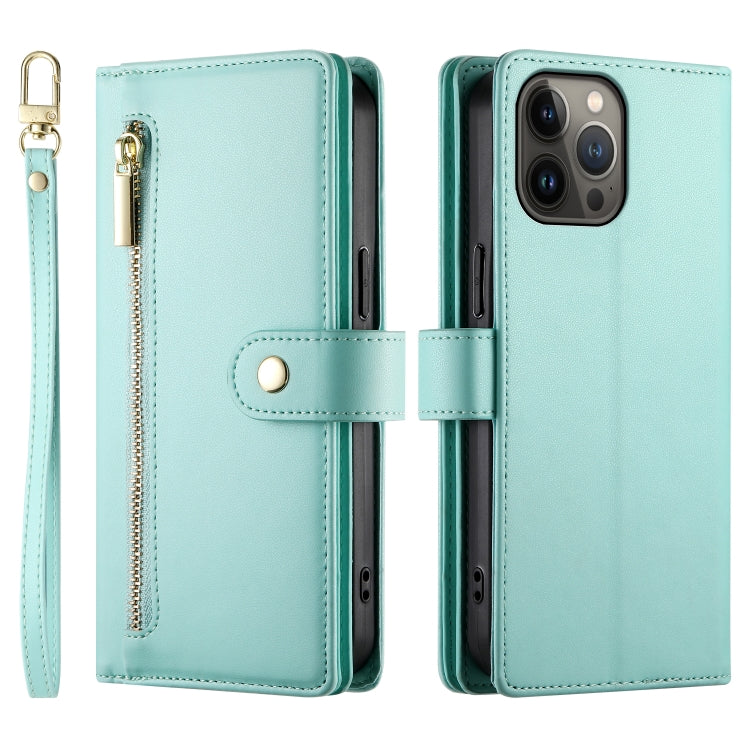 For iPhone 13 Pro Max Nine Card-slot Zipper Wallet Bag Leather Phone Case(Mint Green) - iPhone 13 Pro Max Cases by buy2fix | Online Shopping UK | buy2fix