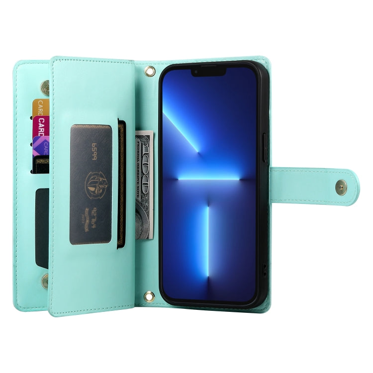 For iPhone 13 Pro Max Nine Card-slot Zipper Wallet Bag Leather Phone Case(Mint Green) - iPhone 13 Pro Max Cases by buy2fix | Online Shopping UK | buy2fix