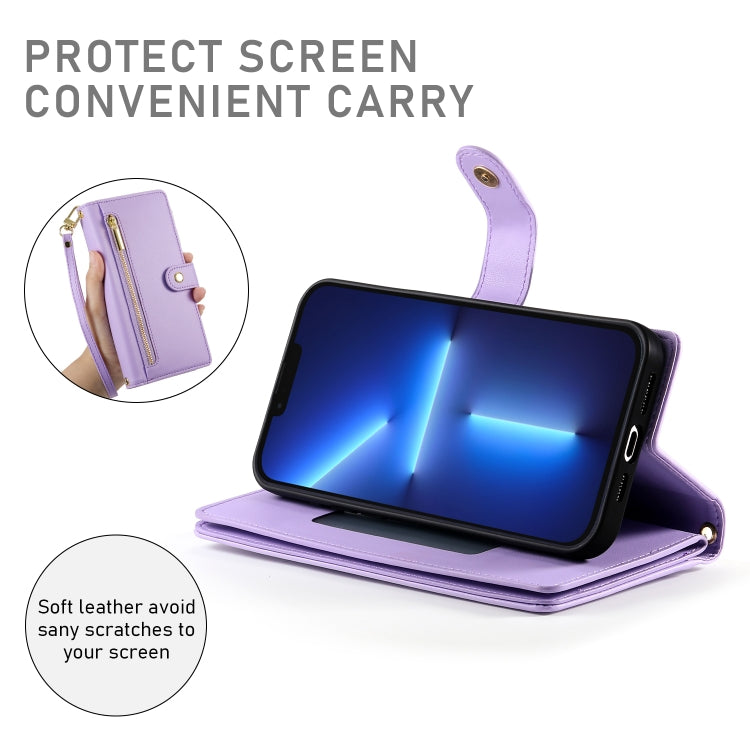 For iPhone 13 Pro Max Nine Card-slot Zipper Wallet Bag Leather Phone Case(Purple) - iPhone 13 Pro Max Cases by buy2fix | Online Shopping UK | buy2fix