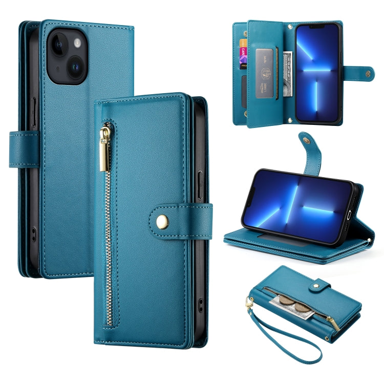 For iPhone 13 Pro Max Nine Card-slot Zipper Wallet Bag Leather Phone Case(Blue) - iPhone 13 Pro Max Cases by buy2fix | Online Shopping UK | buy2fix