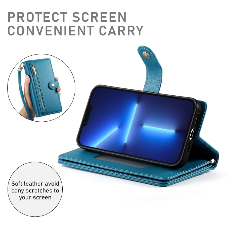 For iPhone 13 Pro Max Nine Card-slot Zipper Wallet Bag Leather Phone Case(Blue) - iPhone 13 Pro Max Cases by buy2fix | Online Shopping UK | buy2fix