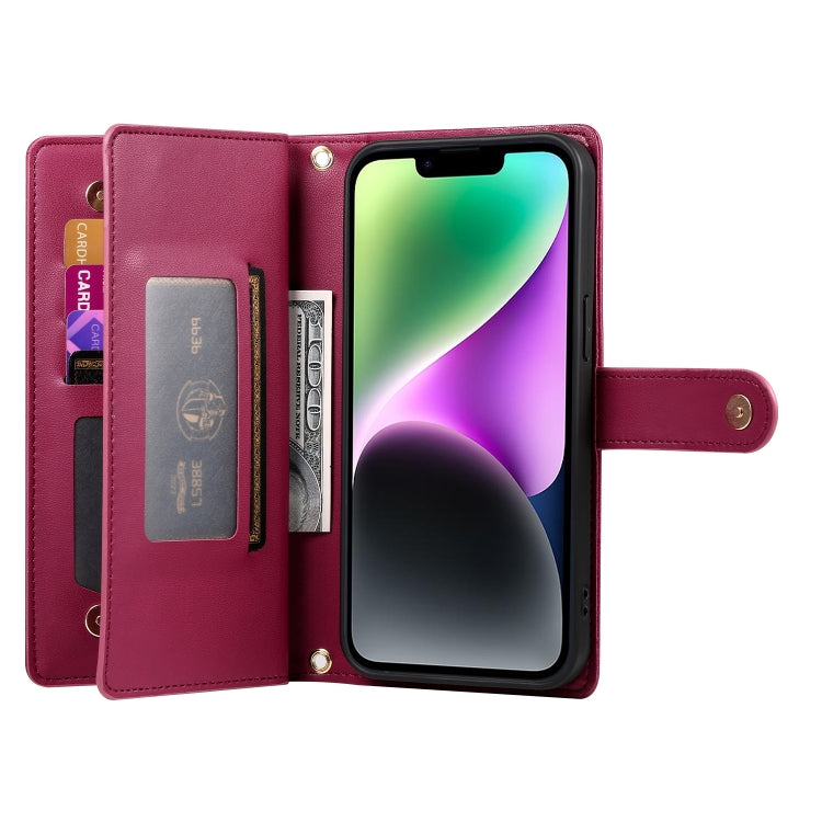 For iPhone 14 Nine Card-slot Zipper Wallet Bag Leather Phone Case(Red) - iPhone 14 Cases by buy2fix | Online Shopping UK | buy2fix