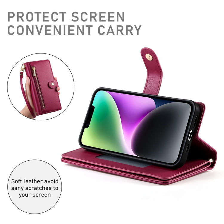 For iPhone 14 Nine Card-slot Zipper Wallet Bag Leather Phone Case(Red) - iPhone 14 Cases by buy2fix | Online Shopping UK | buy2fix