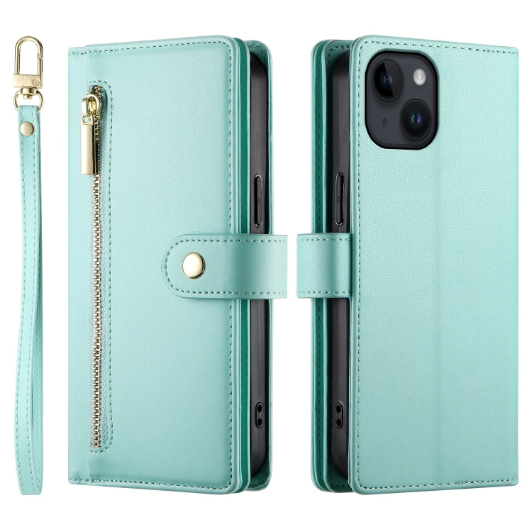 For iPhone 14 Nine Card-slot Zipper Wallet Bag Leather Phone Case(Mint Green) - iPhone 14 Cases by buy2fix | Online Shopping UK | buy2fix