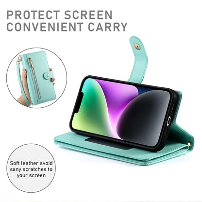 For iPhone 14 Nine Card-slot Zipper Wallet Bag Leather Phone Case(Mint Green) - iPhone 14 Cases by buy2fix | Online Shopping UK | buy2fix
