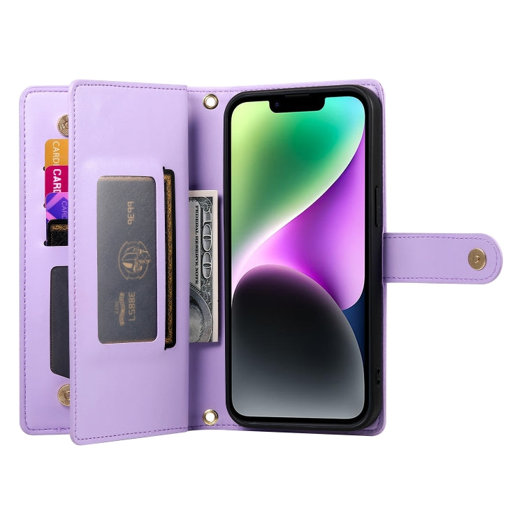 For iPhone 14 Nine Card-slot Zipper Wallet Bag Leather Phone Case(Purple) - iPhone 14 Cases by buy2fix | Online Shopping UK | buy2fix