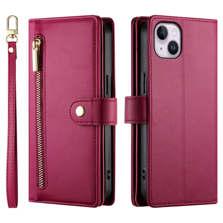 For iPhone 14 Plus Nine Card-slot Zipper Wallet Bag Leather Phone Case(Red) - iPhone 14 Plus Cases by buy2fix | Online Shopping UK | buy2fix