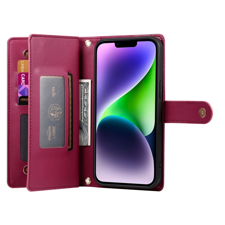 For iPhone 14 Plus Nine Card-slot Zipper Wallet Bag Leather Phone Case(Red) - iPhone 14 Plus Cases by buy2fix | Online Shopping UK | buy2fix