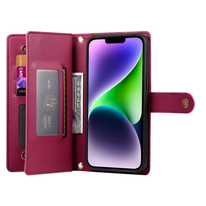 For iPhone 14 Plus Nine Card-slot Zipper Wallet Bag Leather Phone Case(Red) - iPhone 14 Plus Cases by buy2fix | Online Shopping UK | buy2fix
