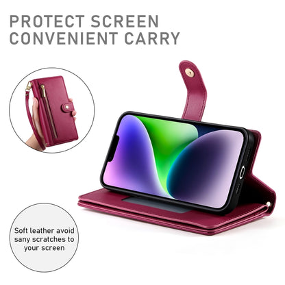 For iPhone 14 Plus Nine Card-slot Zipper Wallet Bag Leather Phone Case(Red) - iPhone 14 Plus Cases by buy2fix | Online Shopping UK | buy2fix