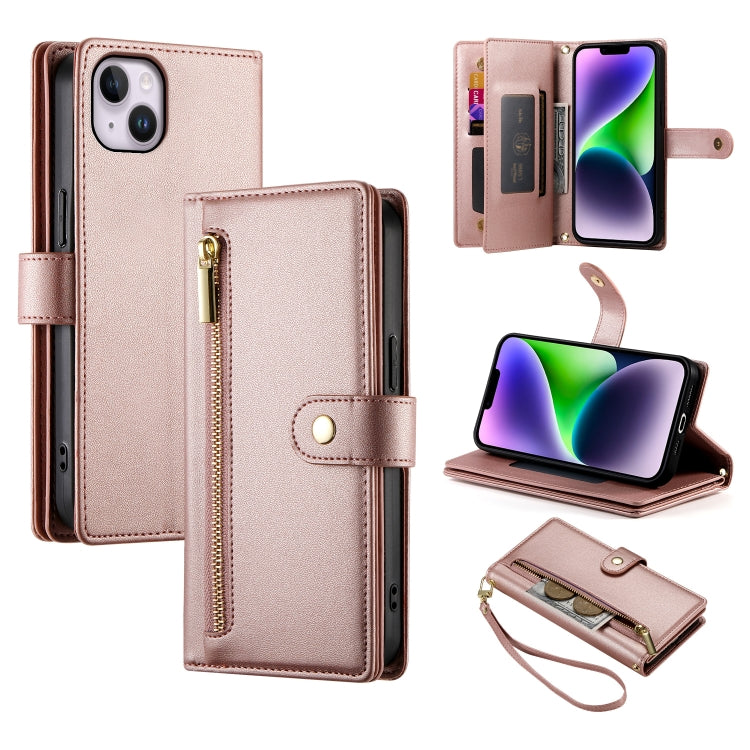 For iPhone 14 Plus Nine Card-slot Zipper Wallet Bag Leather Phone Case(Pink) - iPhone 14 Plus Cases by buy2fix | Online Shopping UK | buy2fix
