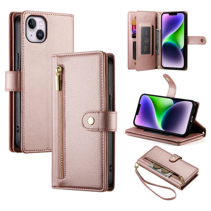 For iPhone 14 Plus Nine Card-slot Zipper Wallet Bag Leather Phone Case(Pink) - iPhone 14 Plus Cases by buy2fix | Online Shopping UK | buy2fix