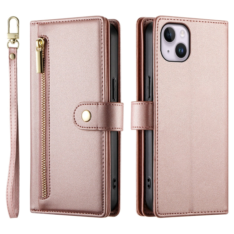 For iPhone 14 Plus Nine Card-slot Zipper Wallet Bag Leather Phone Case(Pink) - iPhone 14 Plus Cases by buy2fix | Online Shopping UK | buy2fix
