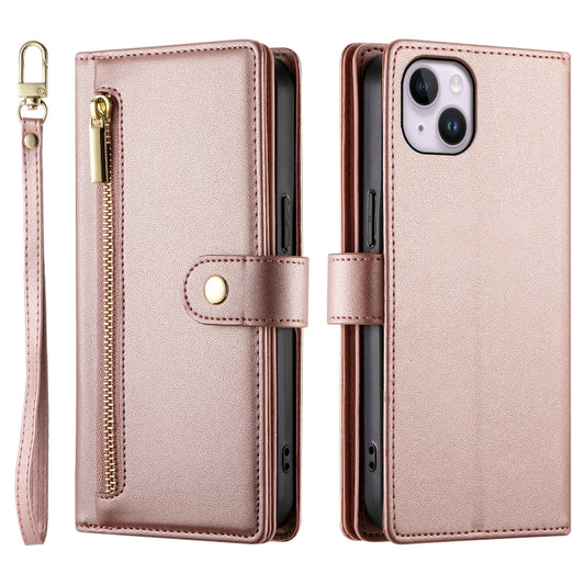 For iPhone 14 Plus Nine Card-slot Zipper Wallet Bag Leather Phone Case(Pink) - iPhone 14 Plus Cases by buy2fix | Online Shopping UK | buy2fix