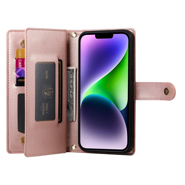 For iPhone 14 Plus Nine Card-slot Zipper Wallet Bag Leather Phone Case(Pink) - iPhone 14 Plus Cases by buy2fix | Online Shopping UK | buy2fix