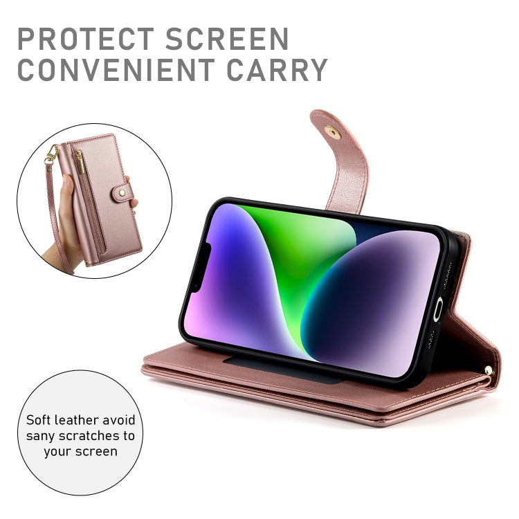 For iPhone 14 Plus Nine Card-slot Zipper Wallet Bag Leather Phone Case(Pink) - iPhone 14 Plus Cases by buy2fix | Online Shopping UK | buy2fix