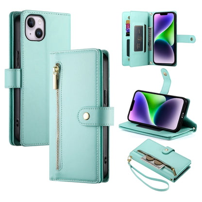 For iPhone 14 Plus Nine Card-slot Zipper Wallet Bag Leather Phone Case(Mint Green) - iPhone 14 Plus Cases by buy2fix | Online Shopping UK | buy2fix