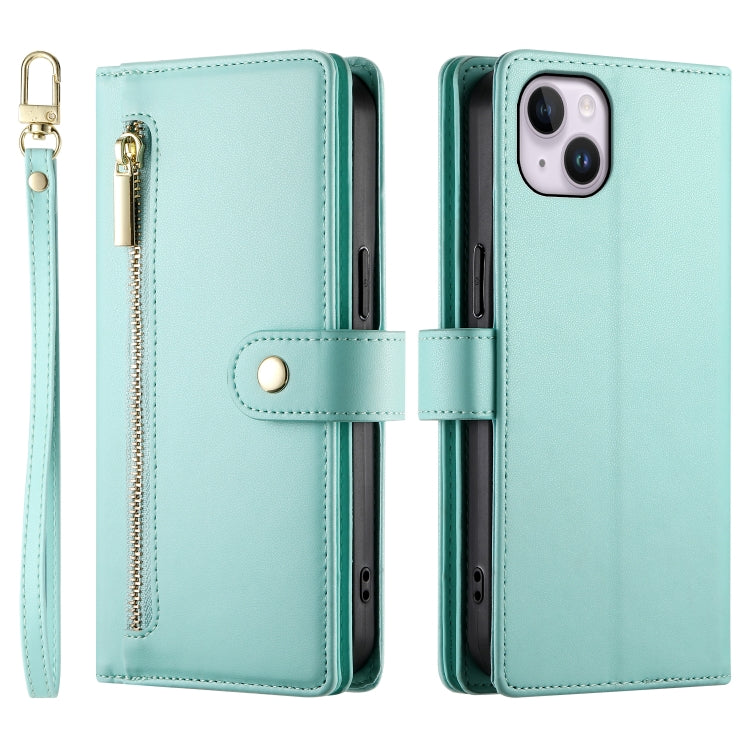 For iPhone 14 Plus Nine Card-slot Zipper Wallet Bag Leather Phone Case(Mint Green) - iPhone 14 Plus Cases by buy2fix | Online Shopping UK | buy2fix