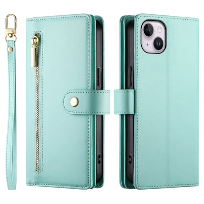 For iPhone 14 Plus Nine Card-slot Zipper Wallet Bag Leather Phone Case(Mint Green) - iPhone 14 Plus Cases by buy2fix | Online Shopping UK | buy2fix