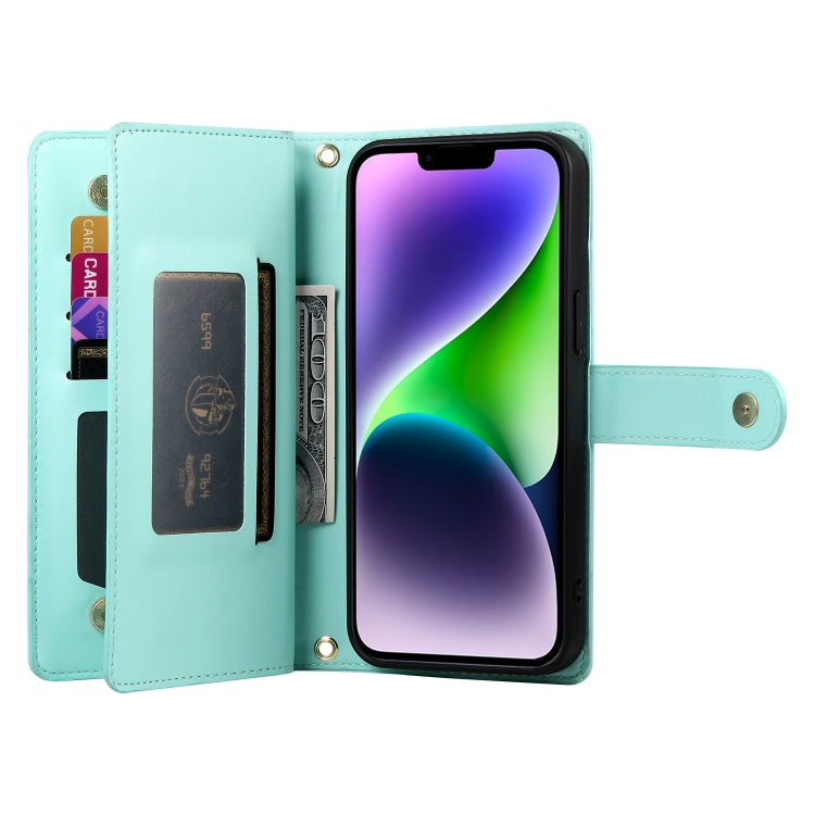 For iPhone 14 Plus Nine Card-slot Zipper Wallet Bag Leather Phone Case(Mint Green) - iPhone 14 Plus Cases by buy2fix | Online Shopping UK | buy2fix