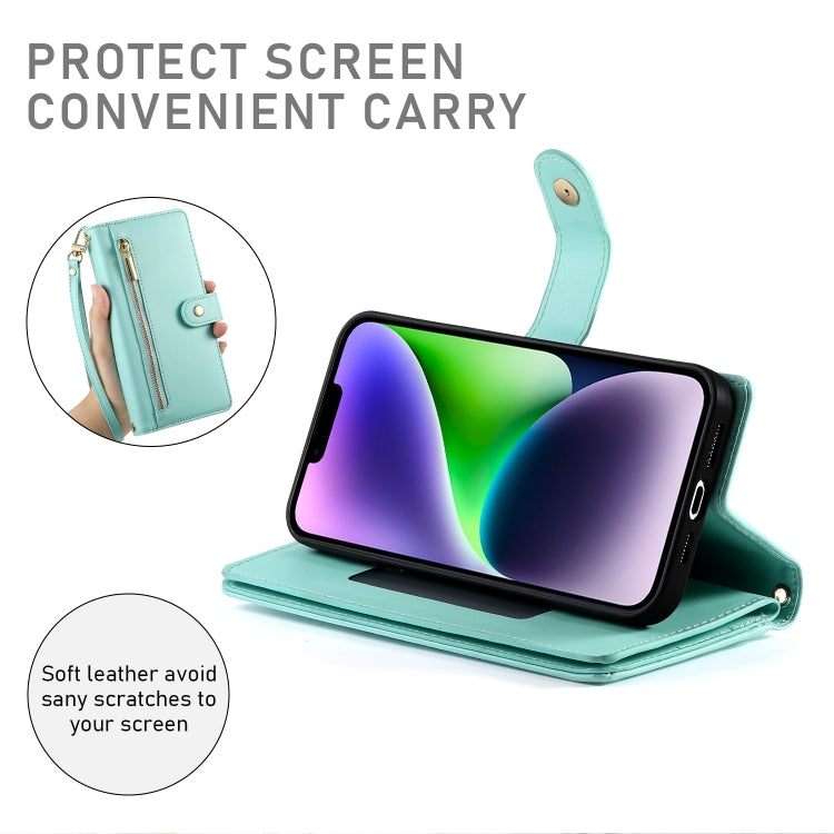 For iPhone 14 Plus Nine Card-slot Zipper Wallet Bag Leather Phone Case(Mint Green) - iPhone 14 Plus Cases by buy2fix | Online Shopping UK | buy2fix
