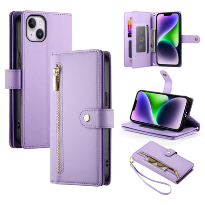 For iPhone 14 Plus Nine Card-slot Zipper Wallet Bag Leather Phone Case(Purple) - iPhone 14 Plus Cases by buy2fix | Online Shopping UK | buy2fix