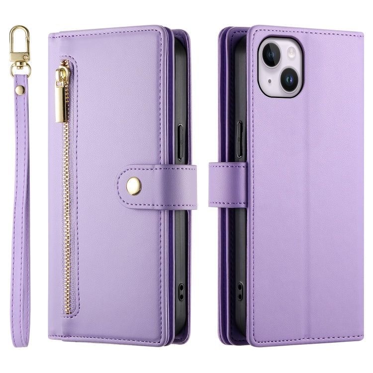 For iPhone 14 Plus Nine Card-slot Zipper Wallet Bag Leather Phone Case(Purple) - iPhone 14 Plus Cases by buy2fix | Online Shopping UK | buy2fix