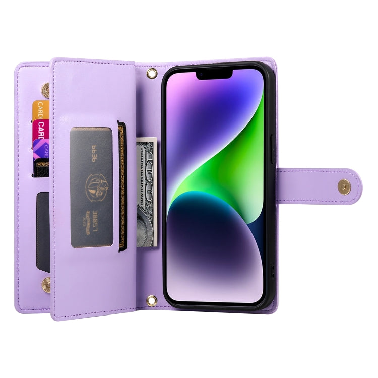For iPhone 14 Plus Nine Card-slot Zipper Wallet Bag Leather Phone Case(Purple) - iPhone 14 Plus Cases by buy2fix | Online Shopping UK | buy2fix
