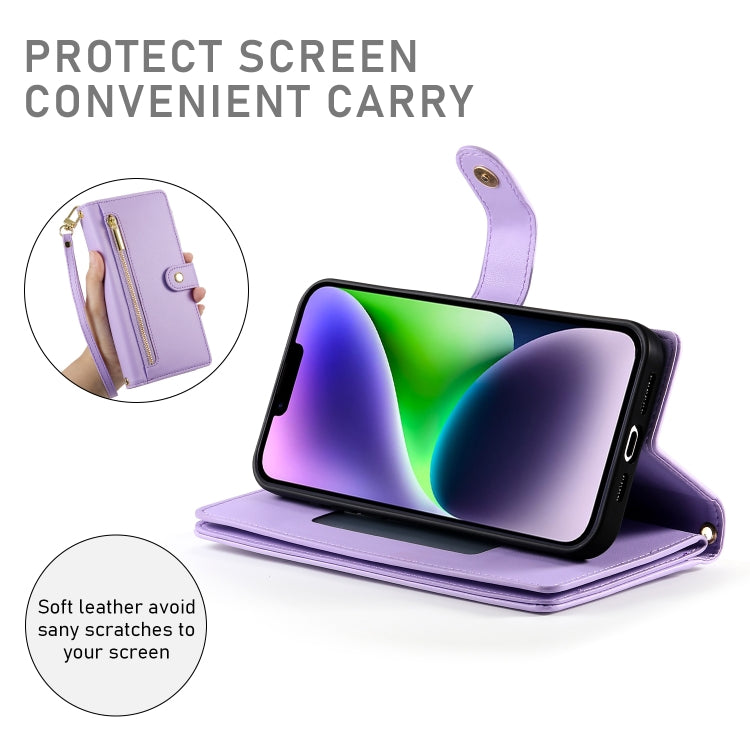 For iPhone 14 Plus Nine Card-slot Zipper Wallet Bag Leather Phone Case(Purple) - iPhone 14 Plus Cases by buy2fix | Online Shopping UK | buy2fix