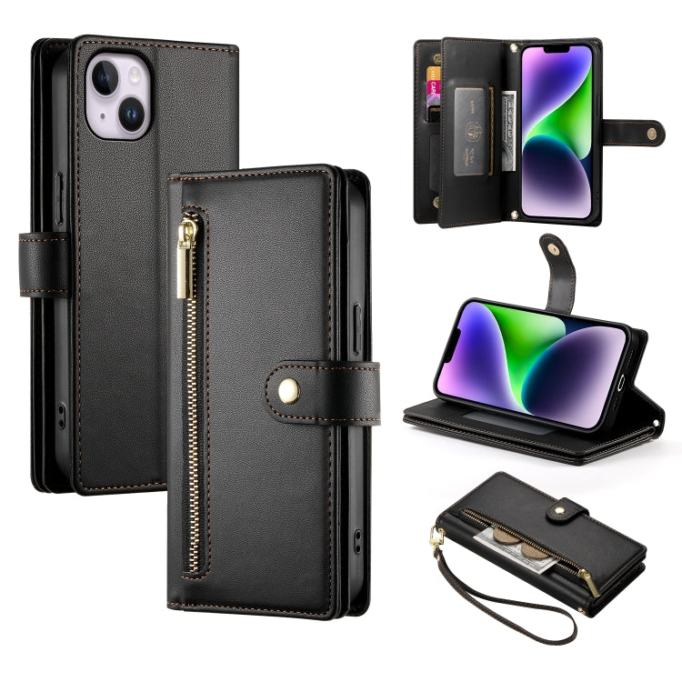 For iPhone 14 Plus Nine Card-slot Zipper Wallet Bag Leather Phone Case(Black) - iPhone 14 Plus Cases by buy2fix | Online Shopping UK | buy2fix