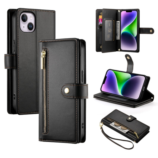 For iPhone 14 Plus Nine Card-slot Zipper Wallet Bag Leather Phone Case(Black) - iPhone 14 Plus Cases by buy2fix | Online Shopping UK | buy2fix