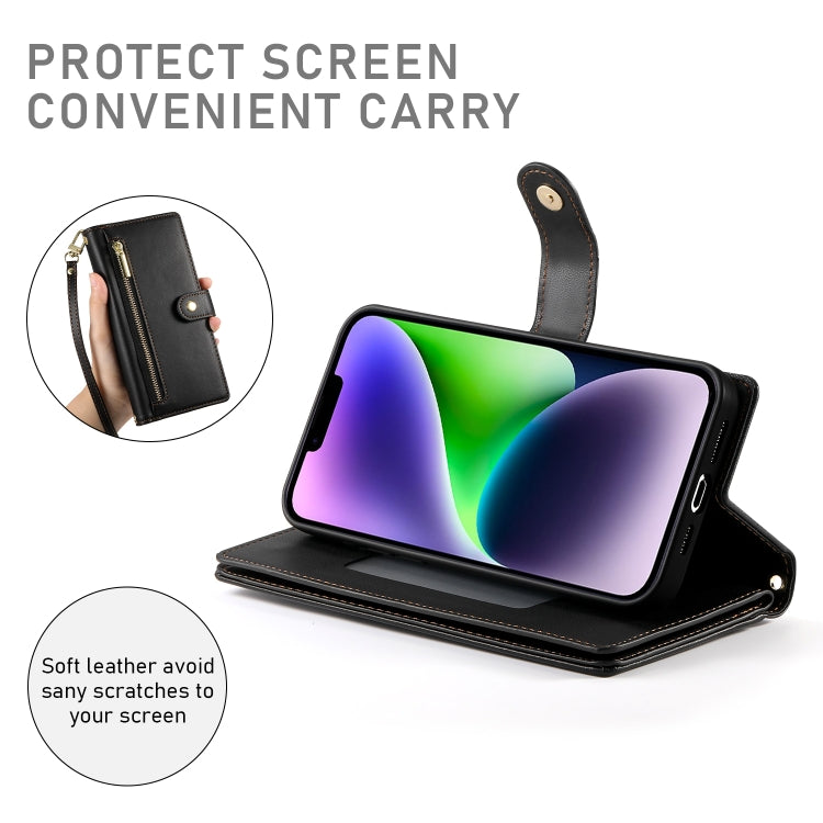 For iPhone 14 Plus Nine Card-slot Zipper Wallet Bag Leather Phone Case(Black) - iPhone 14 Plus Cases by buy2fix | Online Shopping UK | buy2fix