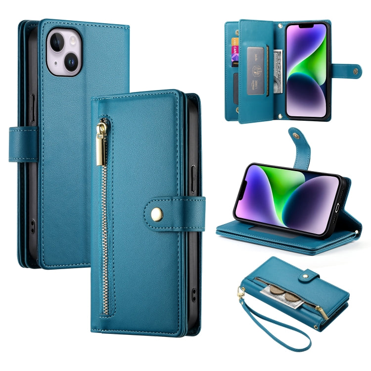For iPhone 14 Plus Nine Card-slot Zipper Wallet Bag Leather Phone Case(Blue) - iPhone 14 Plus Cases by buy2fix | Online Shopping UK | buy2fix
