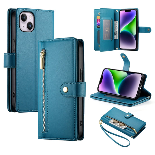 For iPhone 14 Plus Nine Card-slot Zipper Wallet Bag Leather Phone Case(Blue) - iPhone 14 Plus Cases by buy2fix | Online Shopping UK | buy2fix