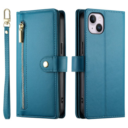 For iPhone 14 Plus Nine Card-slot Zipper Wallet Bag Leather Phone Case(Blue) - iPhone 14 Plus Cases by buy2fix | Online Shopping UK | buy2fix