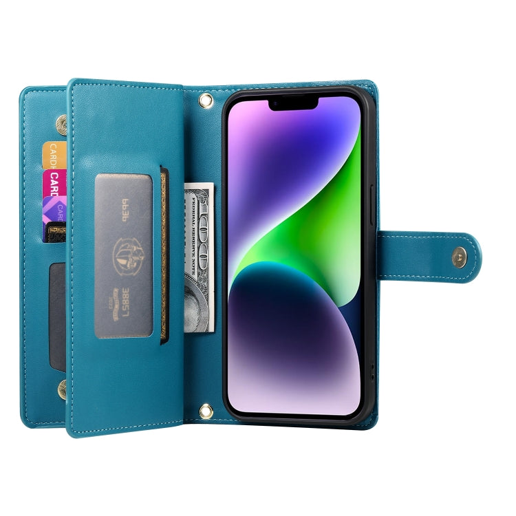 For iPhone 14 Plus Nine Card-slot Zipper Wallet Bag Leather Phone Case(Blue) - iPhone 14 Plus Cases by buy2fix | Online Shopping UK | buy2fix