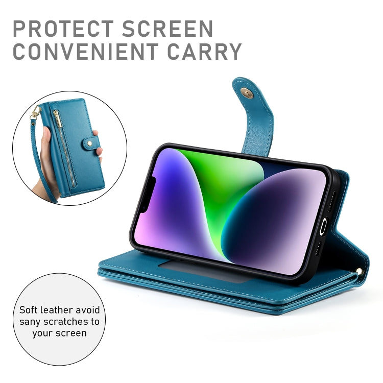 For iPhone 14 Plus Nine Card-slot Zipper Wallet Bag Leather Phone Case(Blue) - iPhone 14 Plus Cases by buy2fix | Online Shopping UK | buy2fix