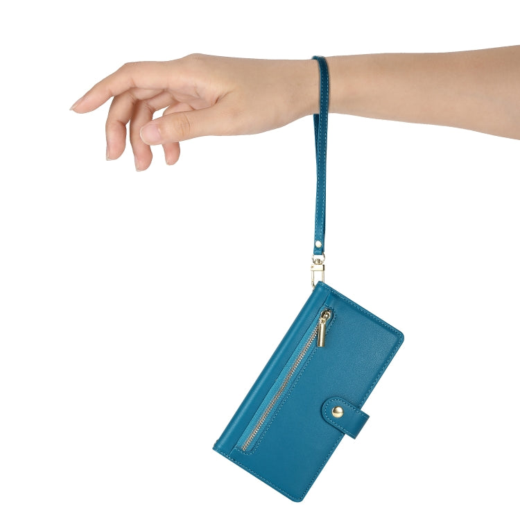 For iPhone 14 Plus Nine Card-slot Zipper Wallet Bag Leather Phone Case(Blue) - iPhone 14 Plus Cases by buy2fix | Online Shopping UK | buy2fix