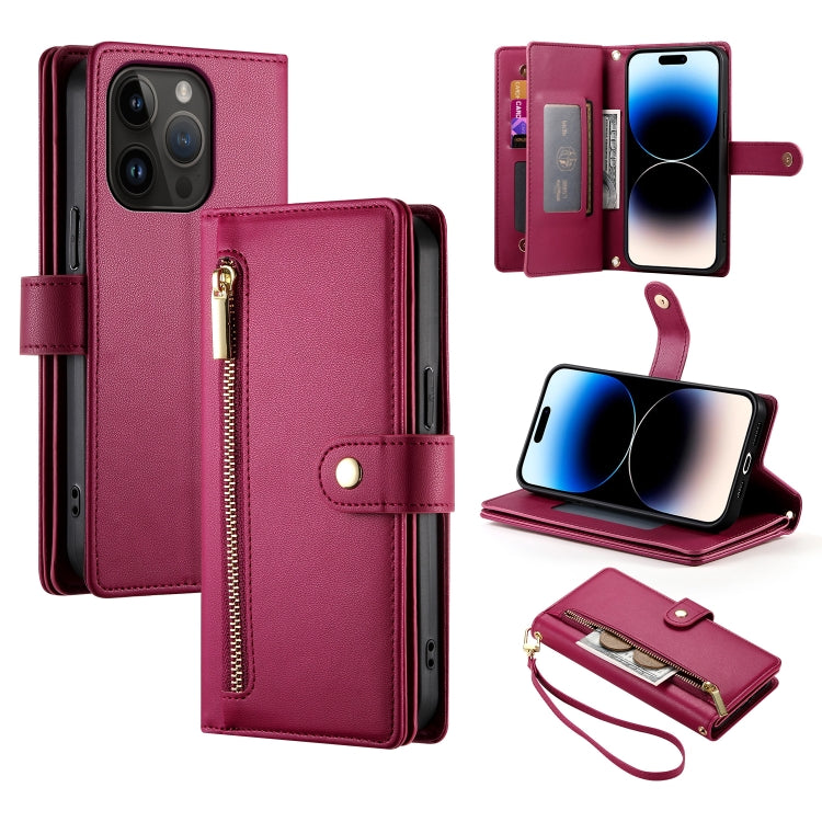 For iPhone 14 Pro Nine Card-slot Zipper Wallet Bag Leather Phone Case(Red) - iPhone 14 Pro Cases by buy2fix | Online Shopping UK | buy2fix