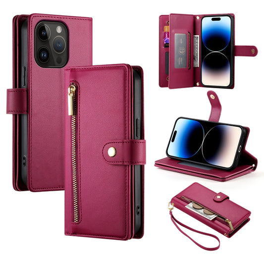 For iPhone 14 Pro Nine Card-slot Zipper Wallet Bag Leather Phone Case(Red) - iPhone 14 Pro Cases by buy2fix | Online Shopping UK | buy2fix
