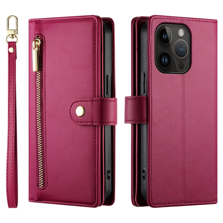 For iPhone 14 Pro Nine Card-slot Zipper Wallet Bag Leather Phone Case(Red) - iPhone 14 Pro Cases by buy2fix | Online Shopping UK | buy2fix