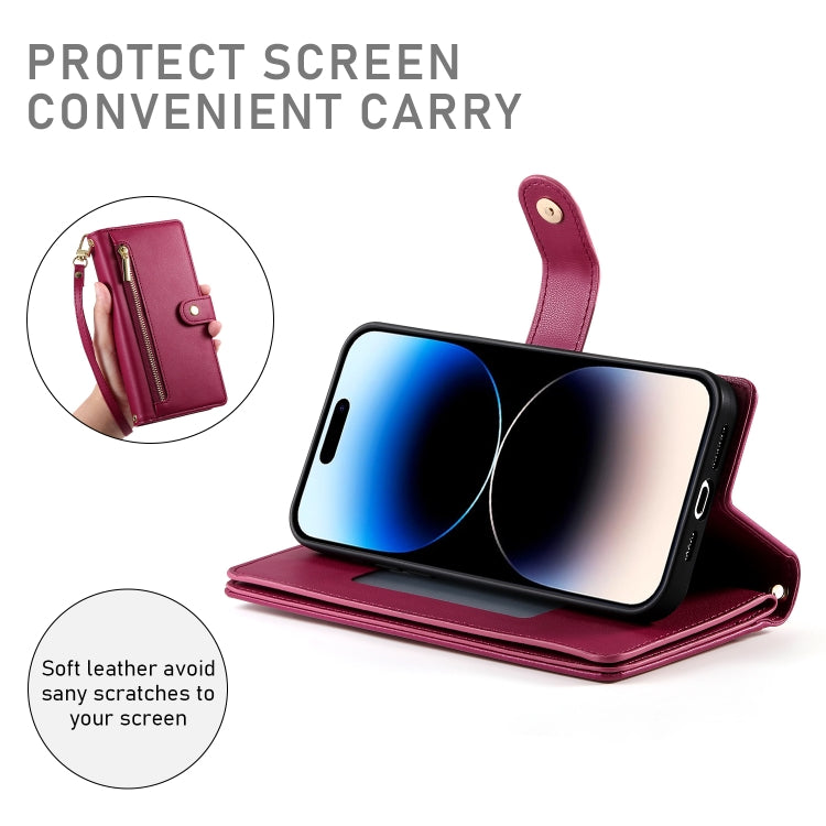 For iPhone 14 Pro Nine Card-slot Zipper Wallet Bag Leather Phone Case(Red) - iPhone 14 Pro Cases by buy2fix | Online Shopping UK | buy2fix