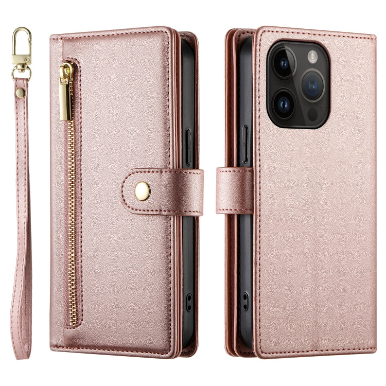 For iPhone 14 Pro Nine Card-slot Zipper Wallet Bag Leather Phone Case(Pink) - iPhone 14 Pro Cases by buy2fix | Online Shopping UK | buy2fix