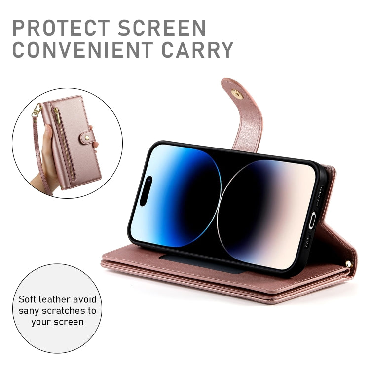 For iPhone 14 Pro Nine Card-slot Zipper Wallet Bag Leather Phone Case(Pink) - iPhone 14 Pro Cases by buy2fix | Online Shopping UK | buy2fix